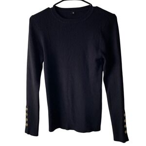 Women's Medium Black Ribbed Knit Crew Neck Sweater Gold Button Cuffs Minimalist